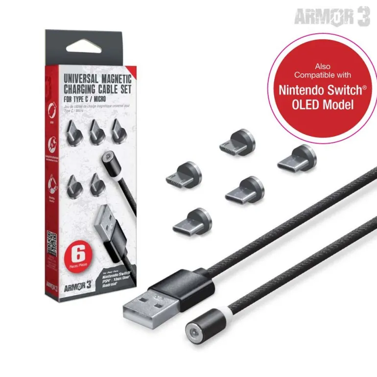 Universal Magnetic Charging Cable Set 6 Pcs (Armor 3) (black) - Android / Xbox One® / Nintendo Switch® / Nintendo Switch® Lite / PS4® / PS Vita Family / PS Vita 2000